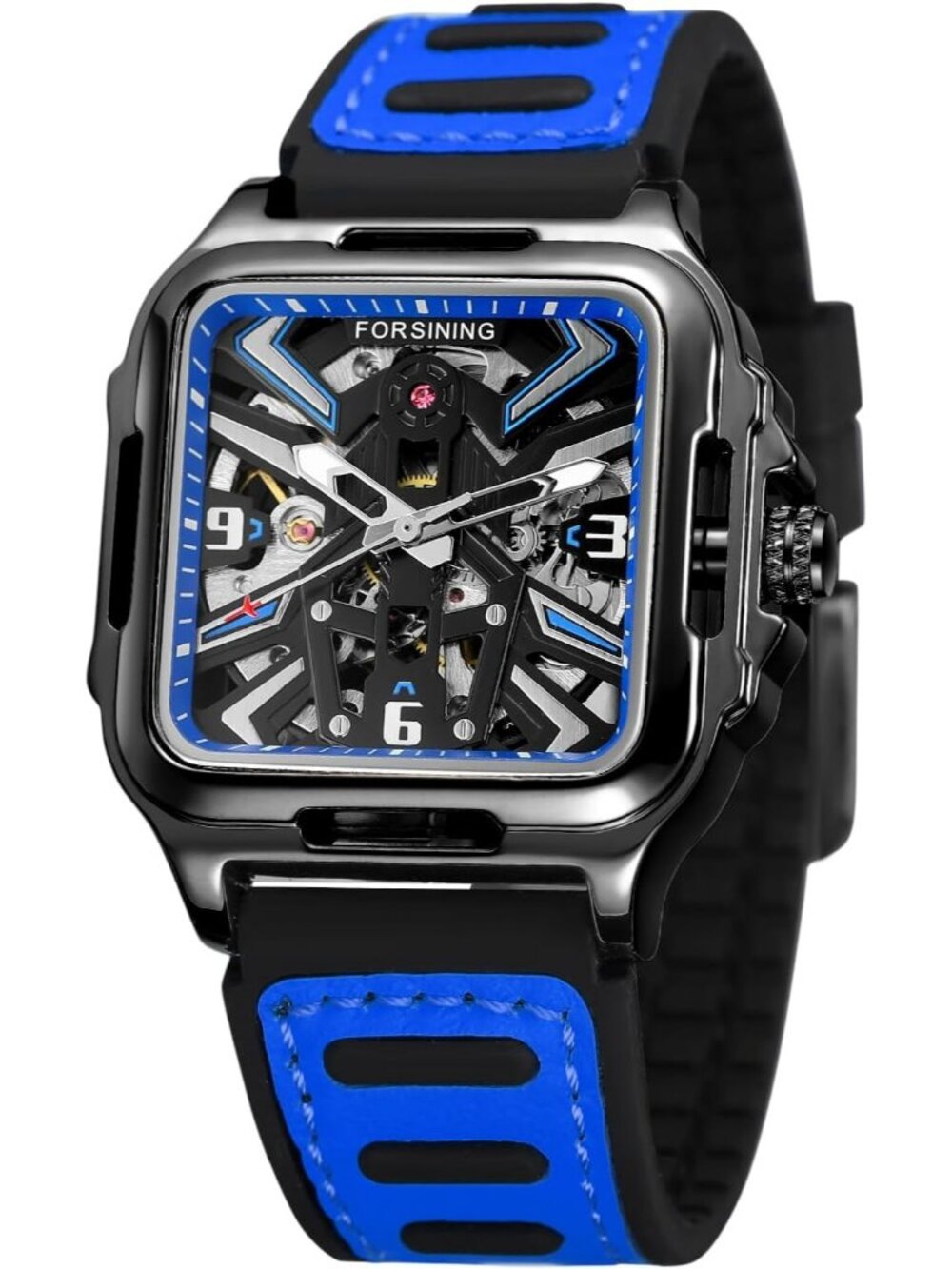 Men's Blue Black Stainless Steel Skeleton Transparent Dial Mechanical Watches